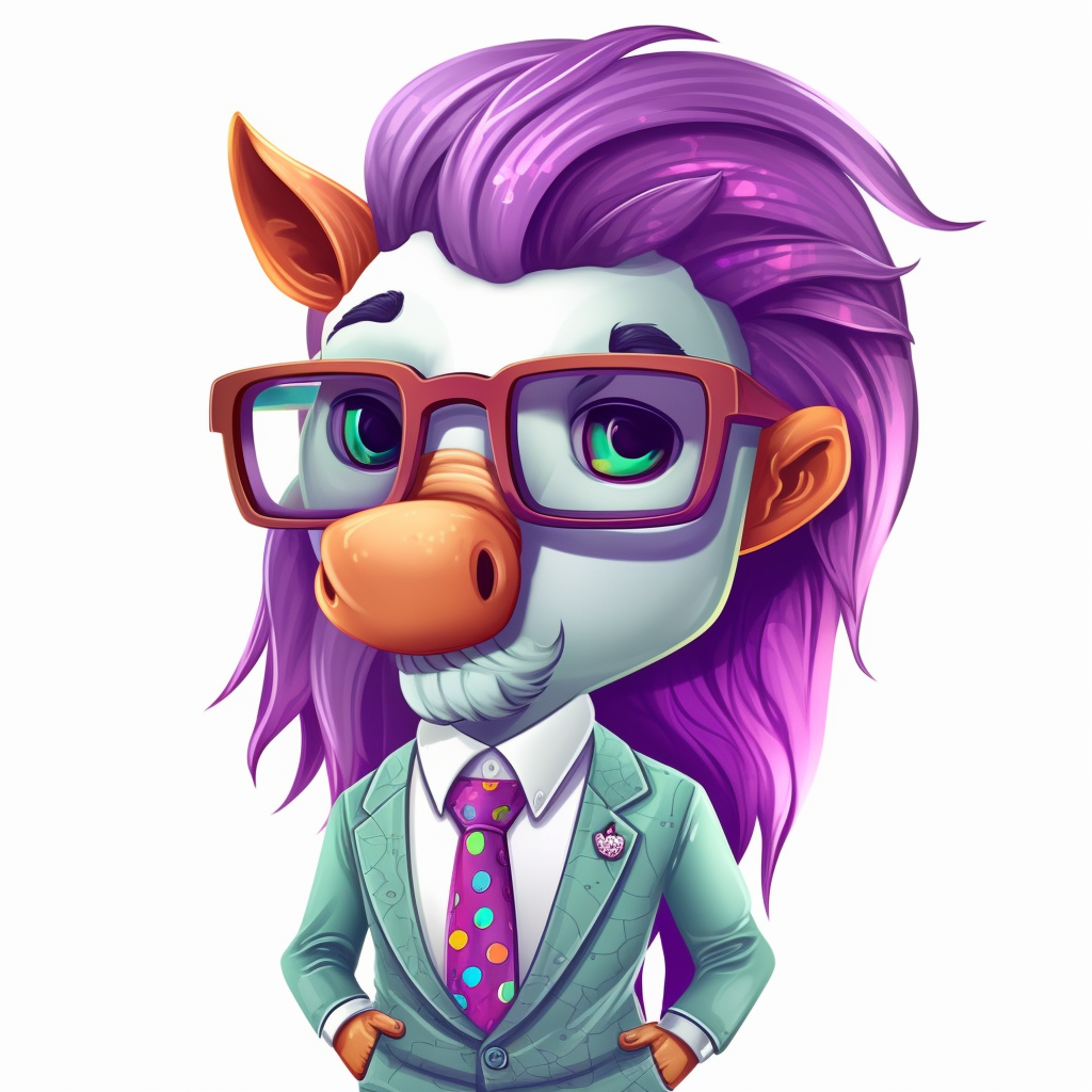 Cute Cartoonish Friendly Unicorn with Beard and Glasses