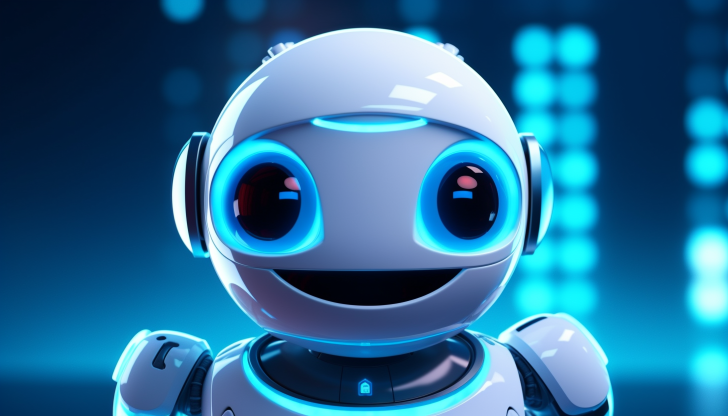 Smiling white roboter standing in cyan neon lights