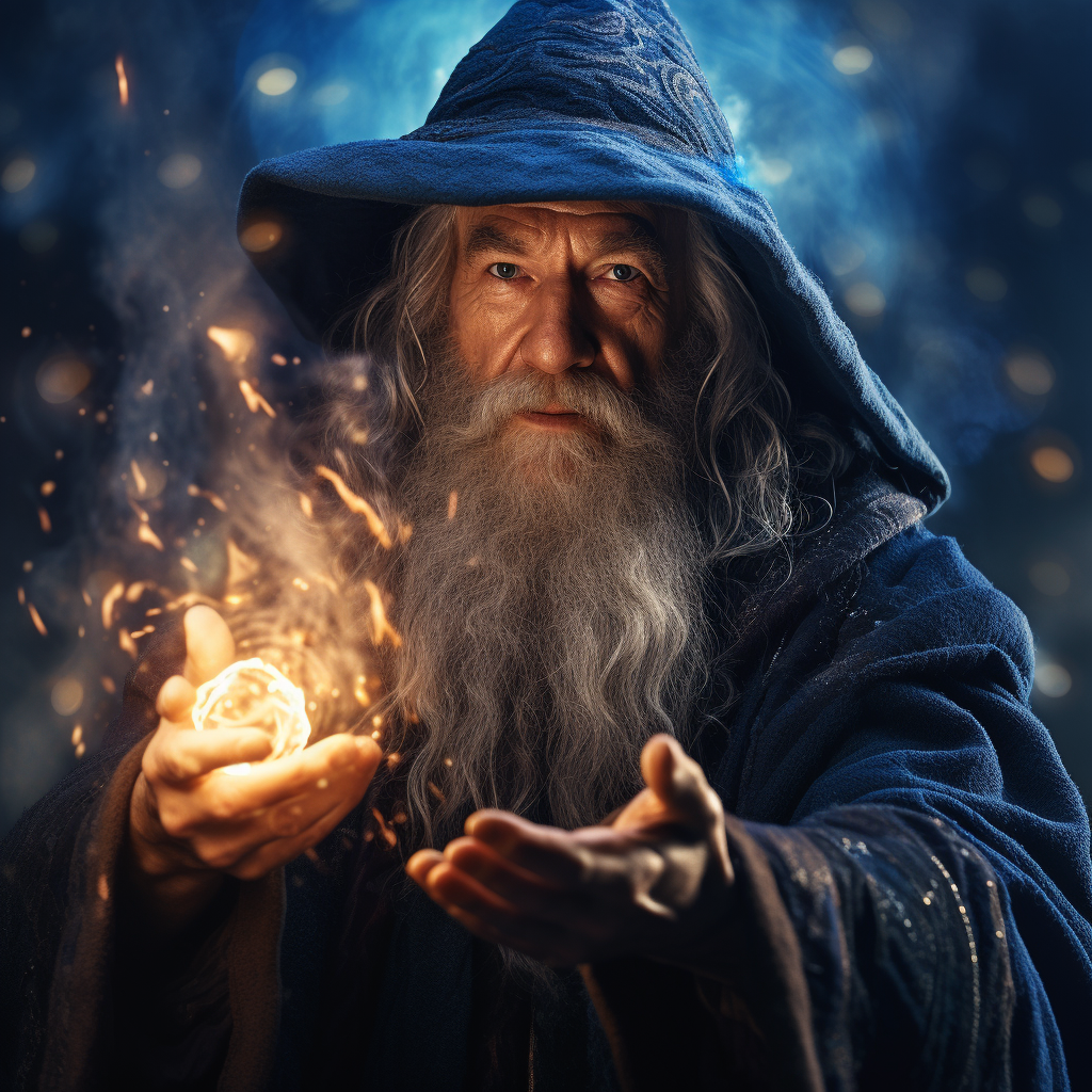 Old Wizard Performing Magical Blue Sparks