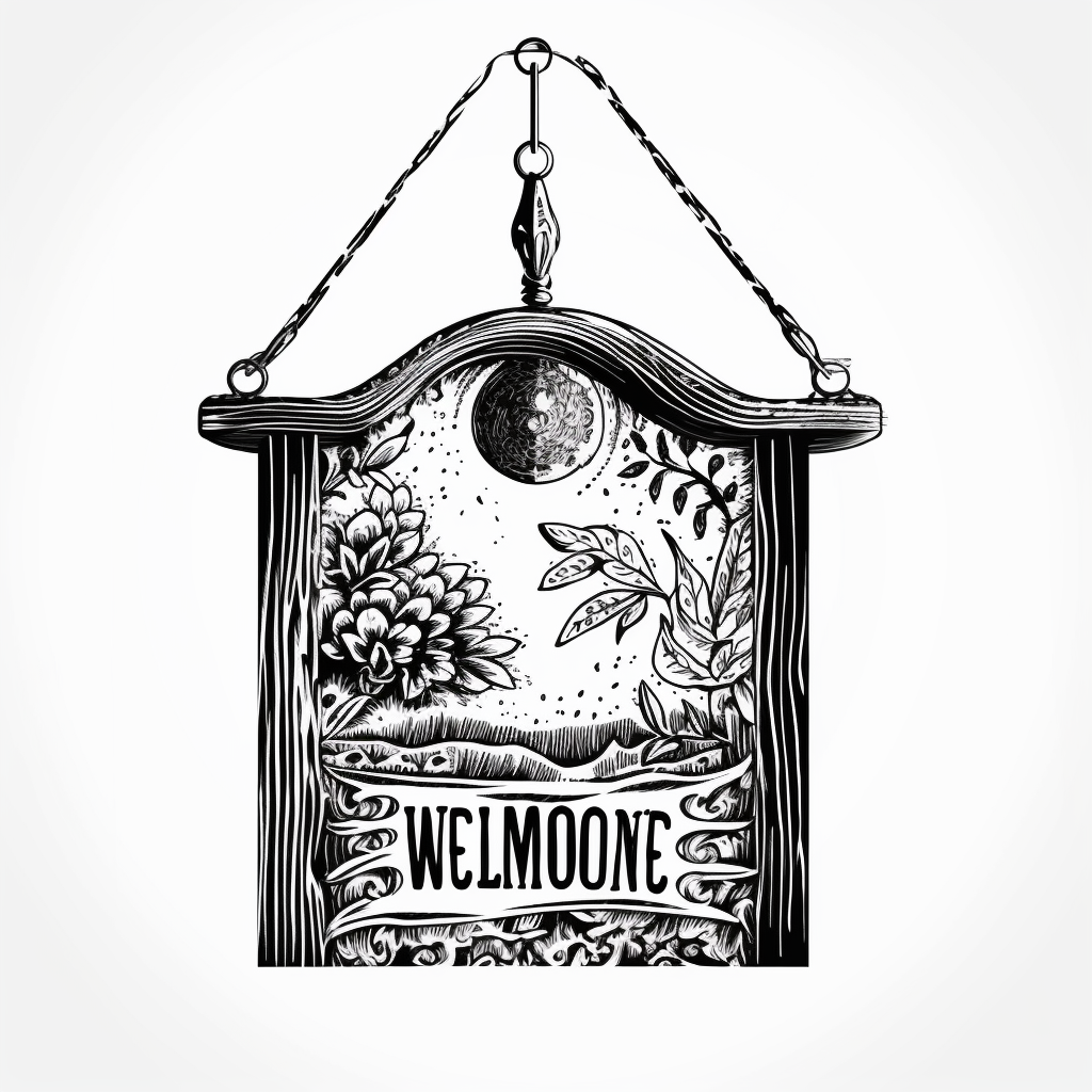 Woodcut welcome door hanger in black and white