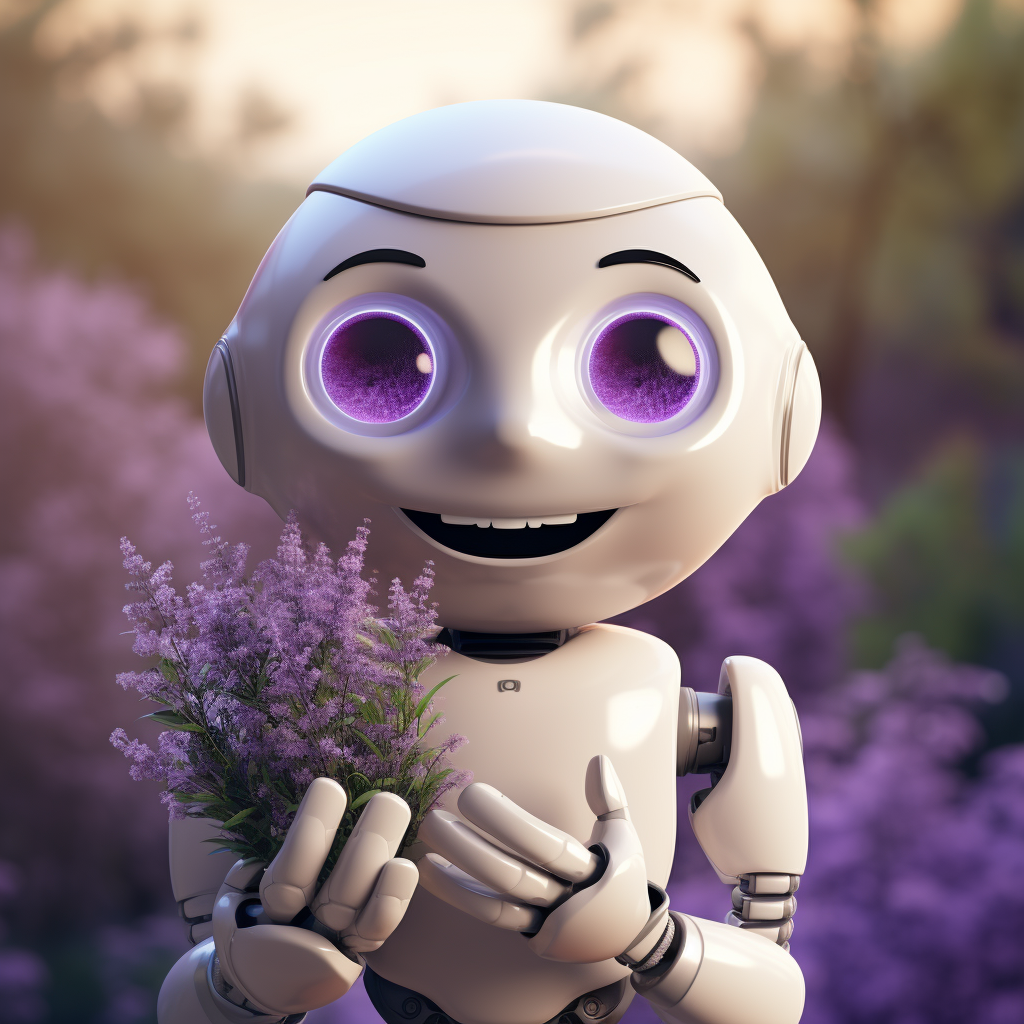 Friendly AI chatbot holding verbena