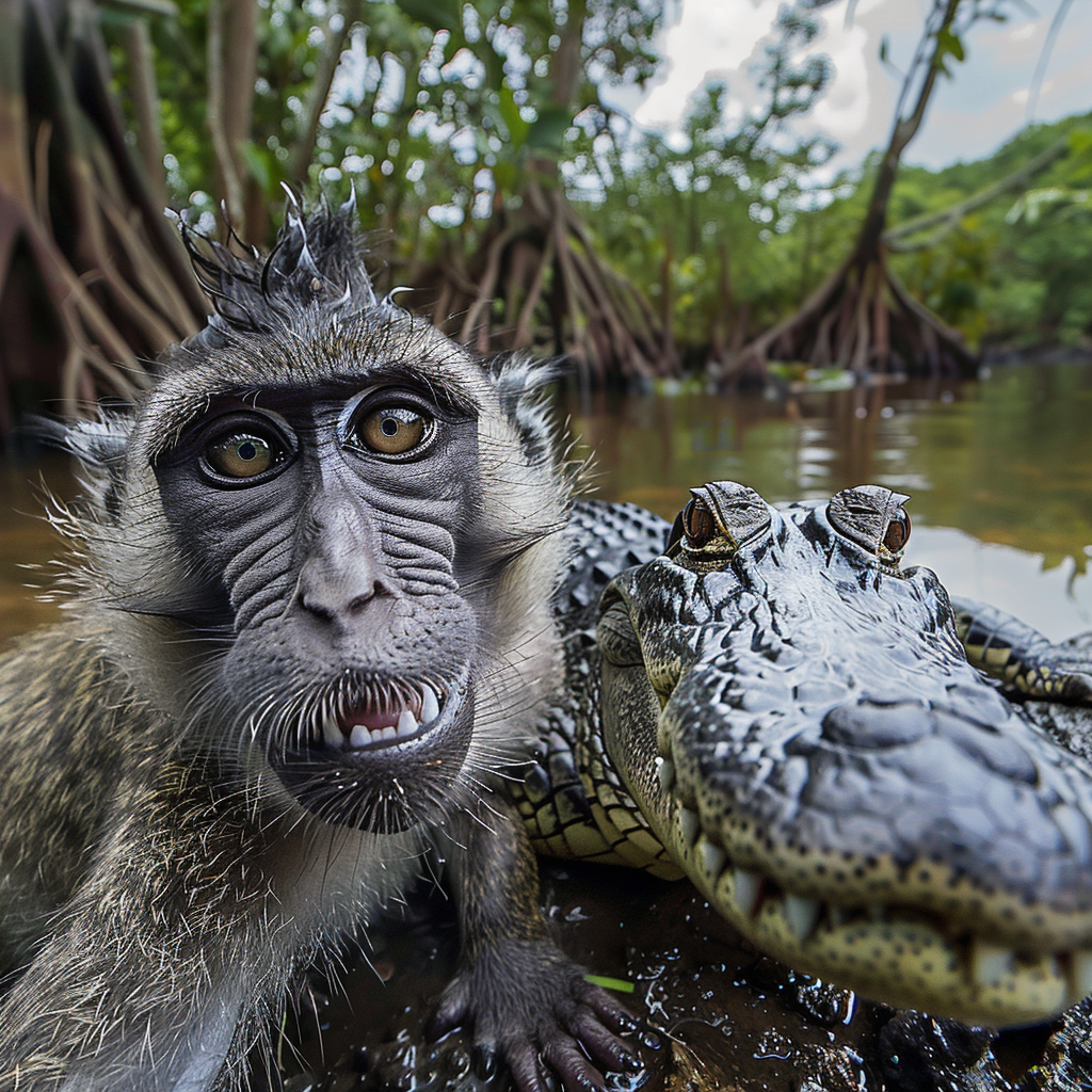 Friendly Monkey Crocodile Pond Selfie