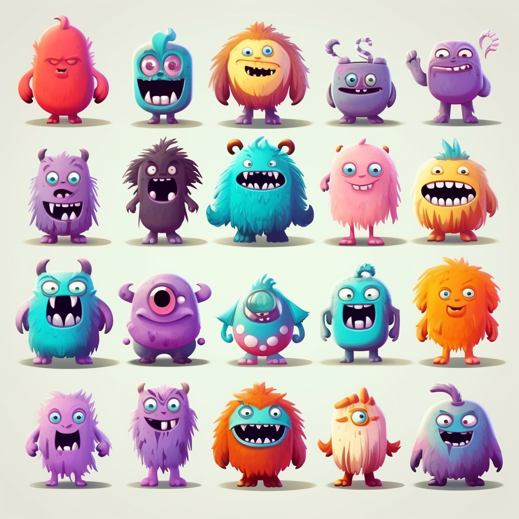 Adorable Pixar-style monster characters playing together