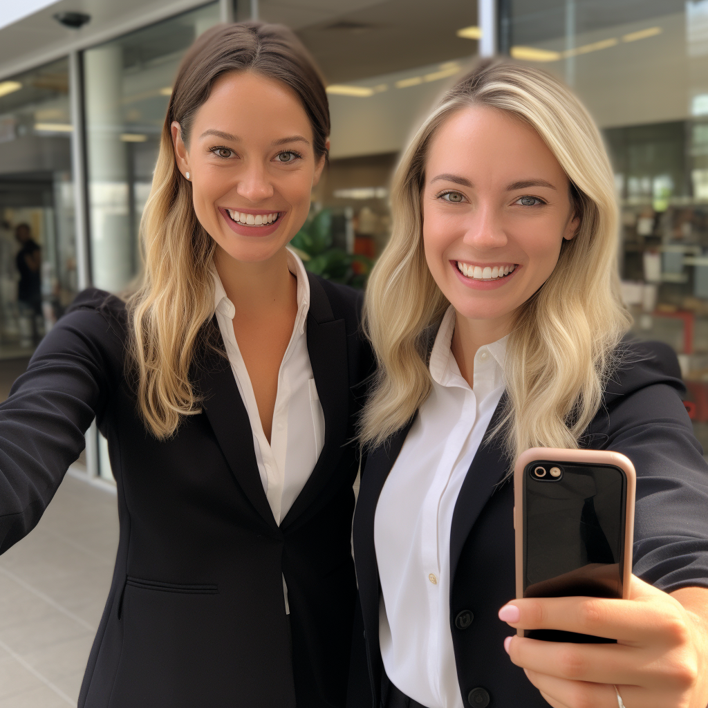 Two diverse professional women capturing a friendly moment