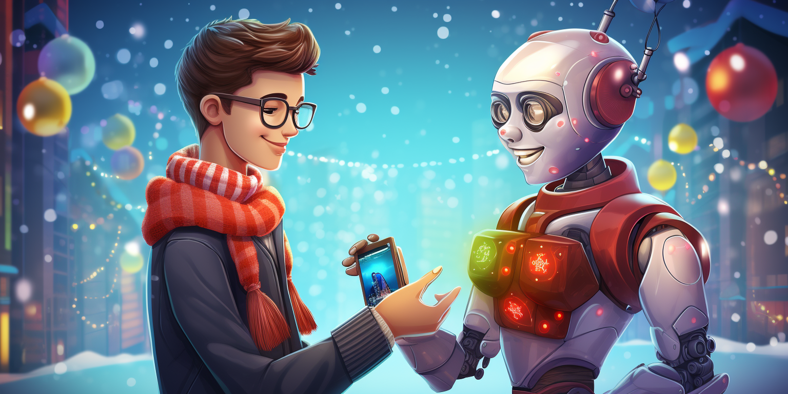 Friendly robot and female developer shaking hands in winter scene