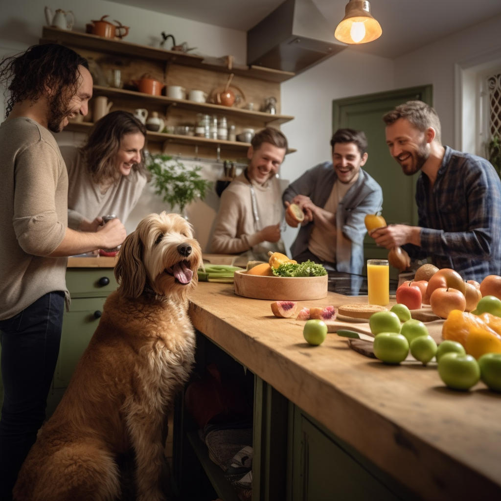 Group of friends cooking with their dogs