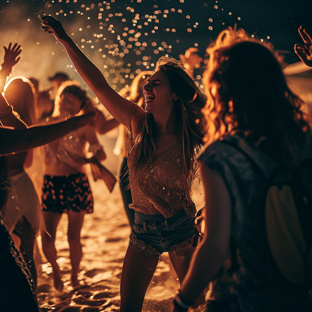 Group of friends dancing at New Year's Eve beach party