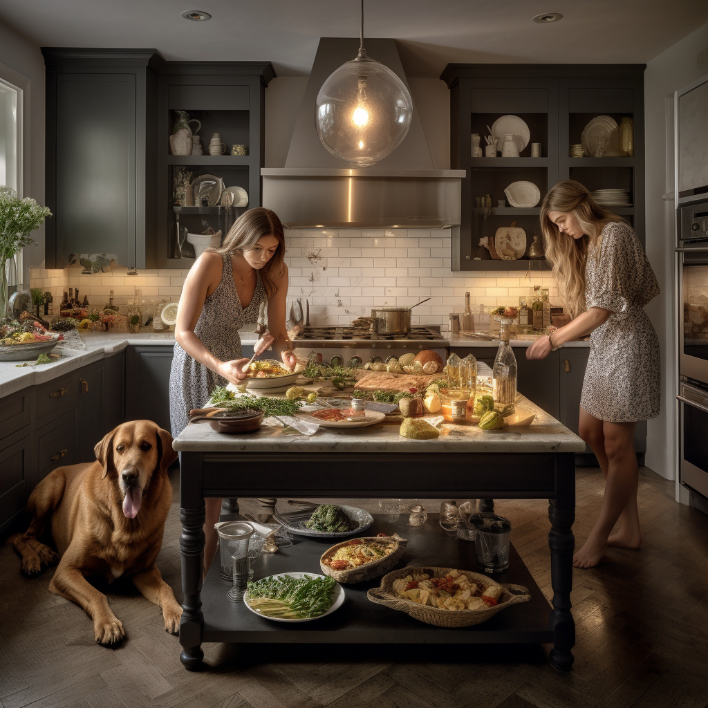 Friends and dogs cooking in a modern kitchen