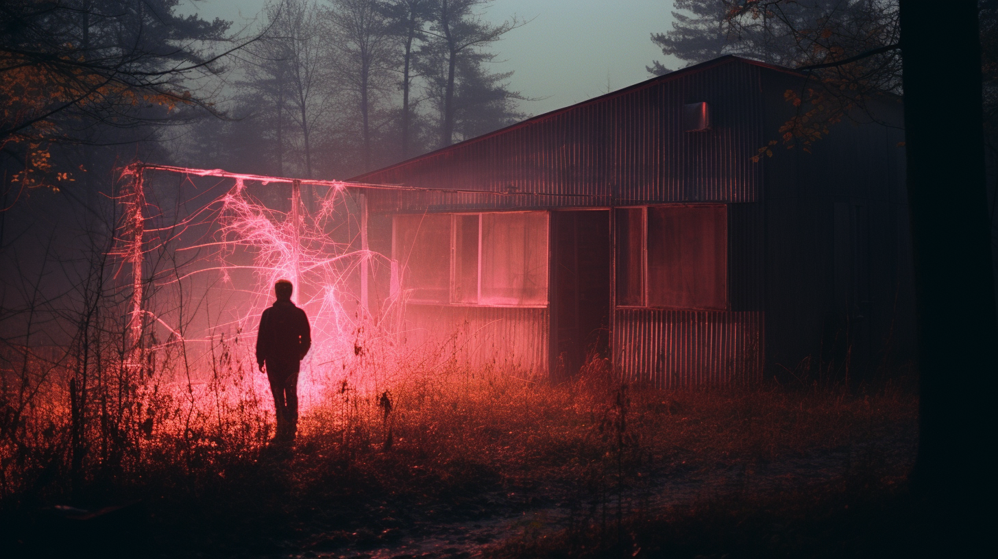 Two friends meeting near a house in the woods