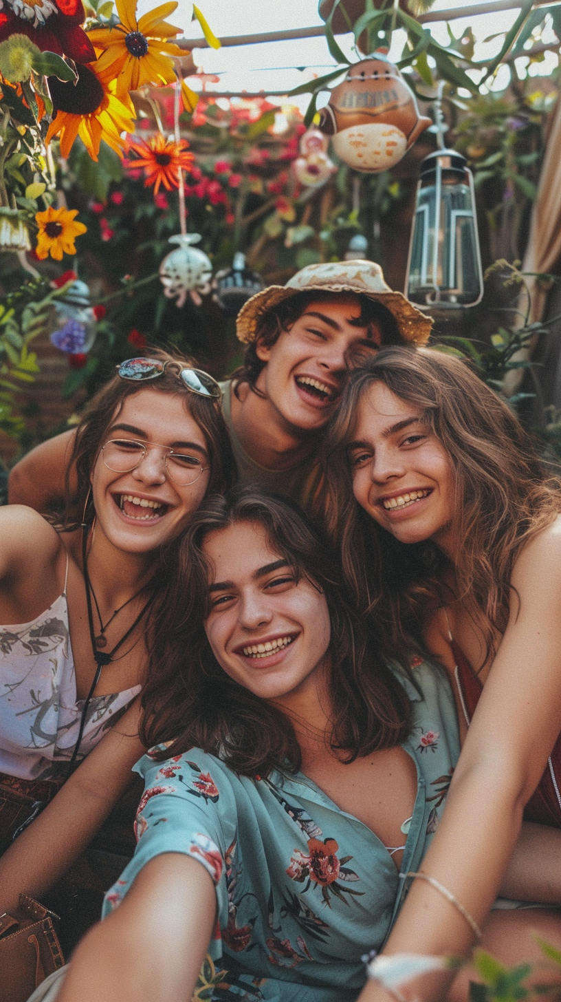 friends partying in garden selfie