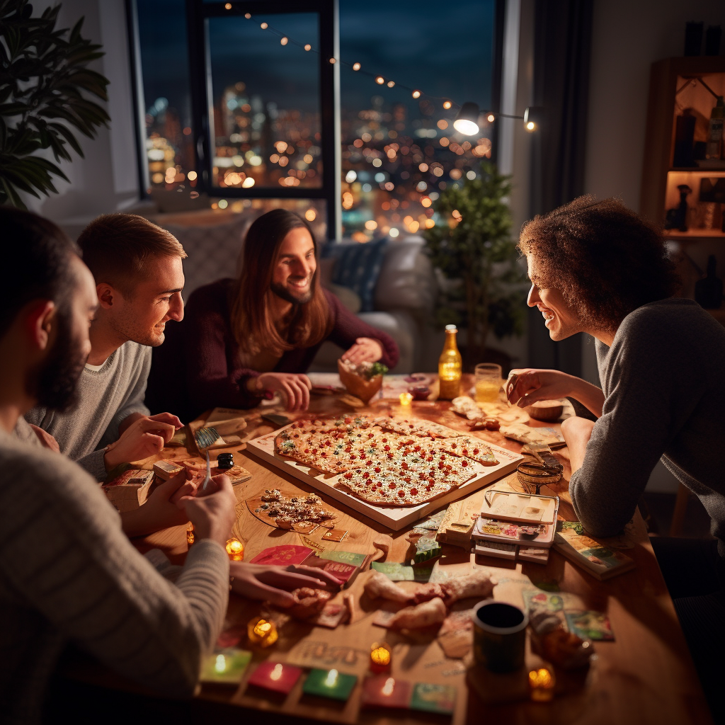 Friends playing board game in apartment