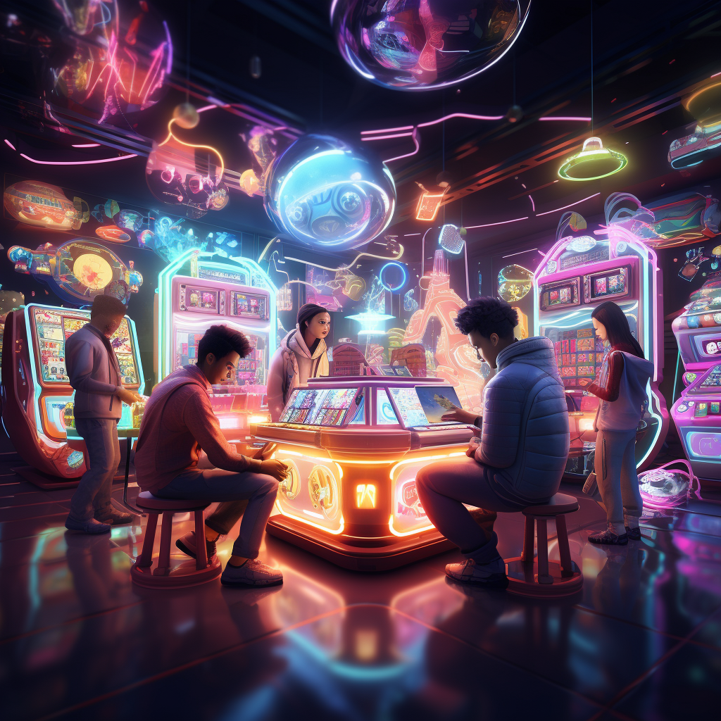 Friends playing game together in neon store