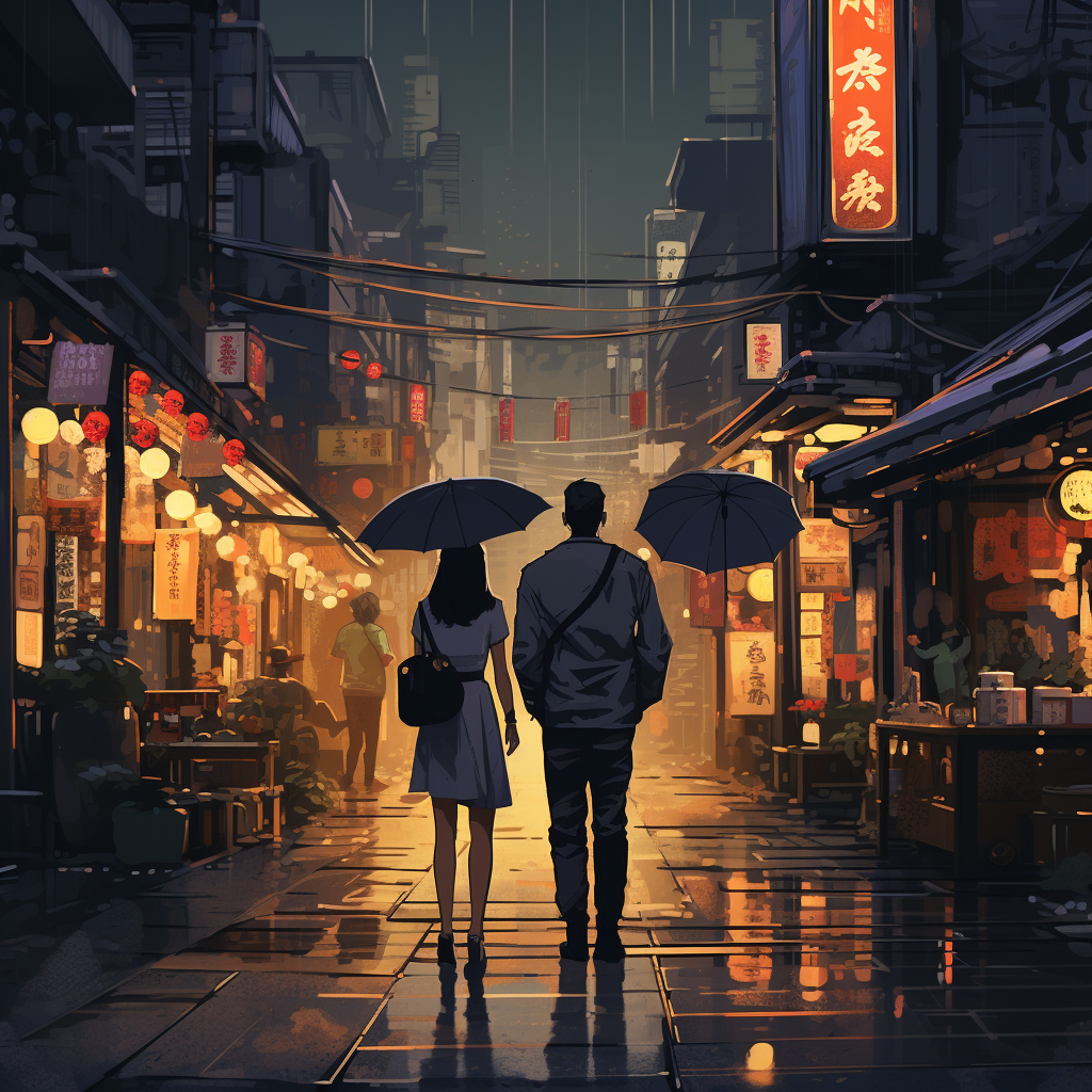 Two friends standing in rain on Asian street