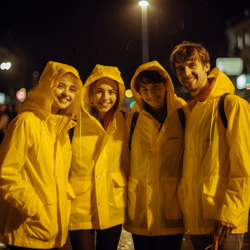 Four friends smiling in yellow reflection jackets