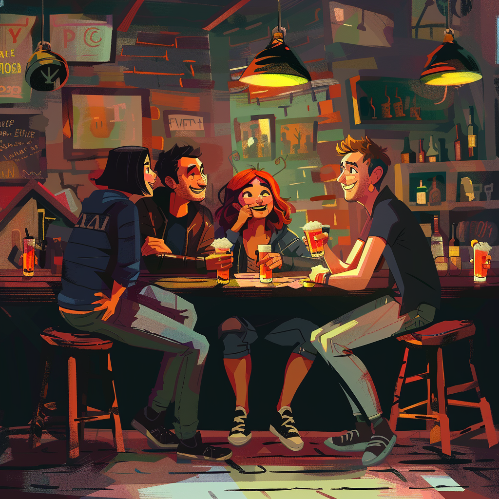 Cartoon friends drinking at pub