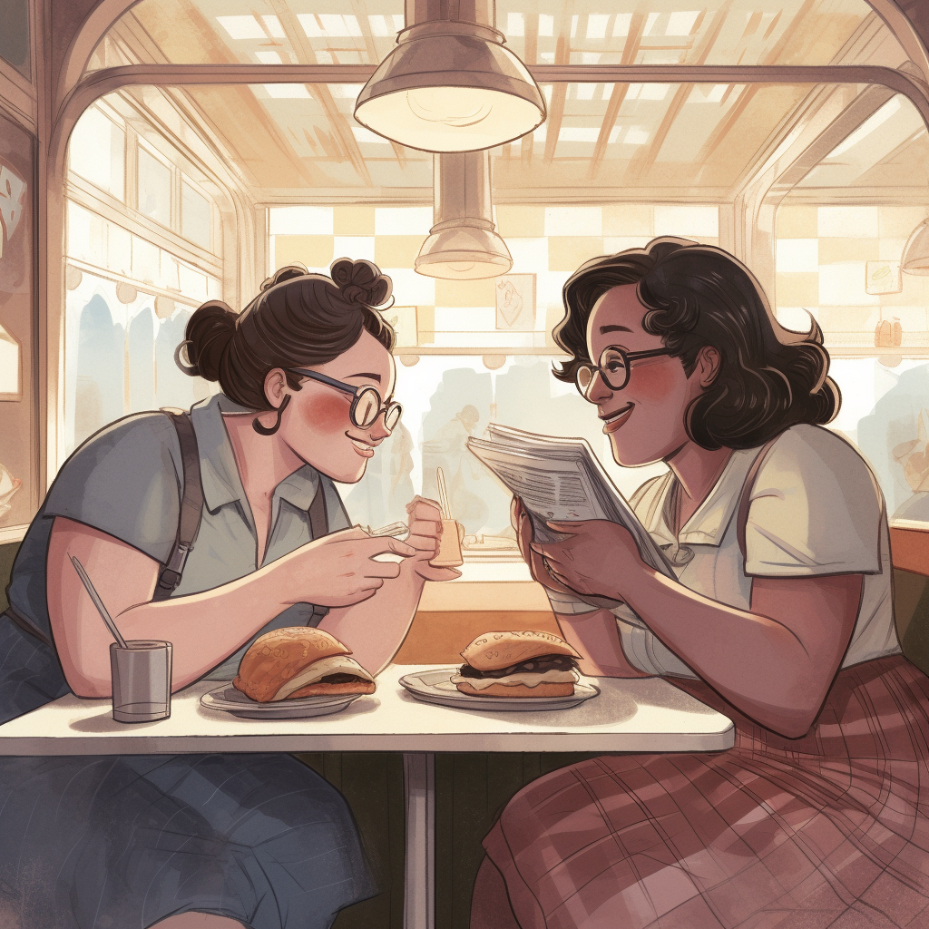 Two friends sharing stories and sandwiches in a diner