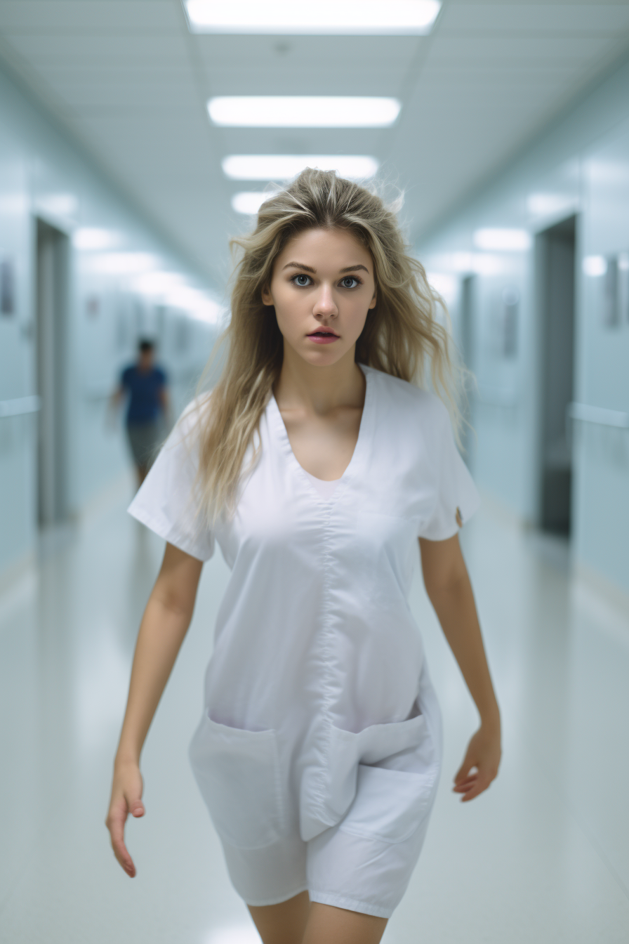 Frightened young blonde woman running in hospital hallway