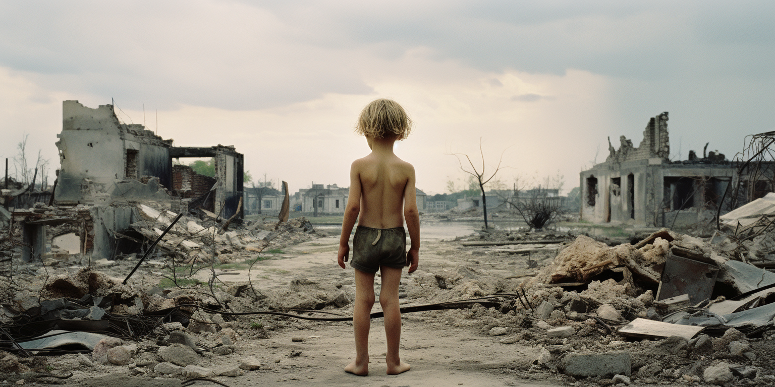 Image of frightened child amidst ruins