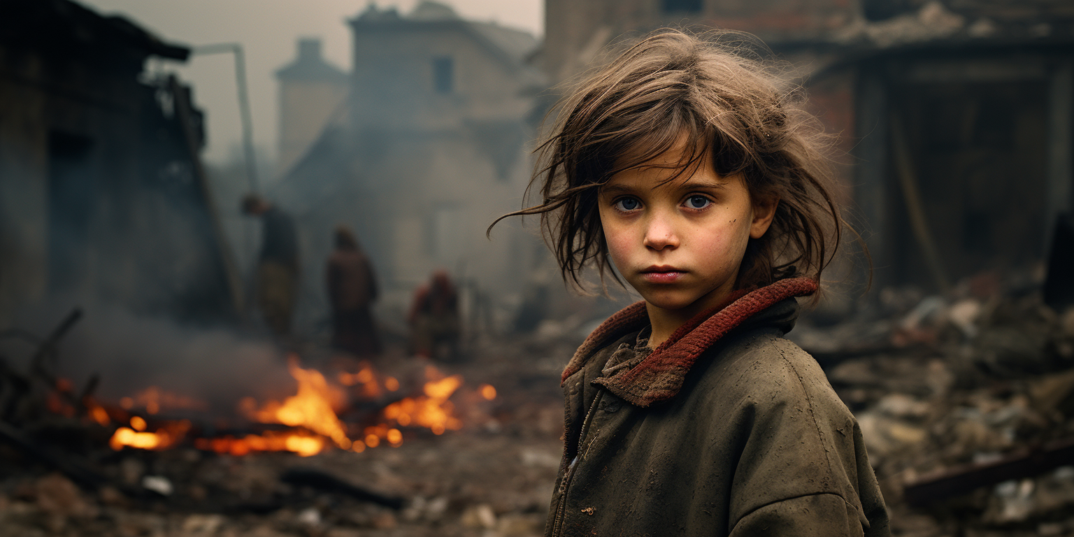 Frightened child amidst burning ruins