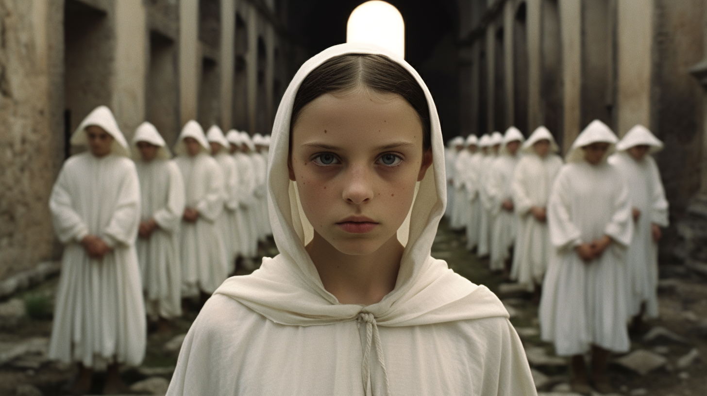 Frightened girl with group of women in Roman temple