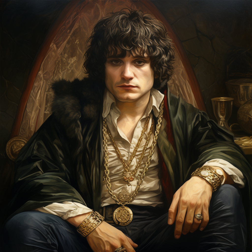 Frodo in gangsta attire with bling