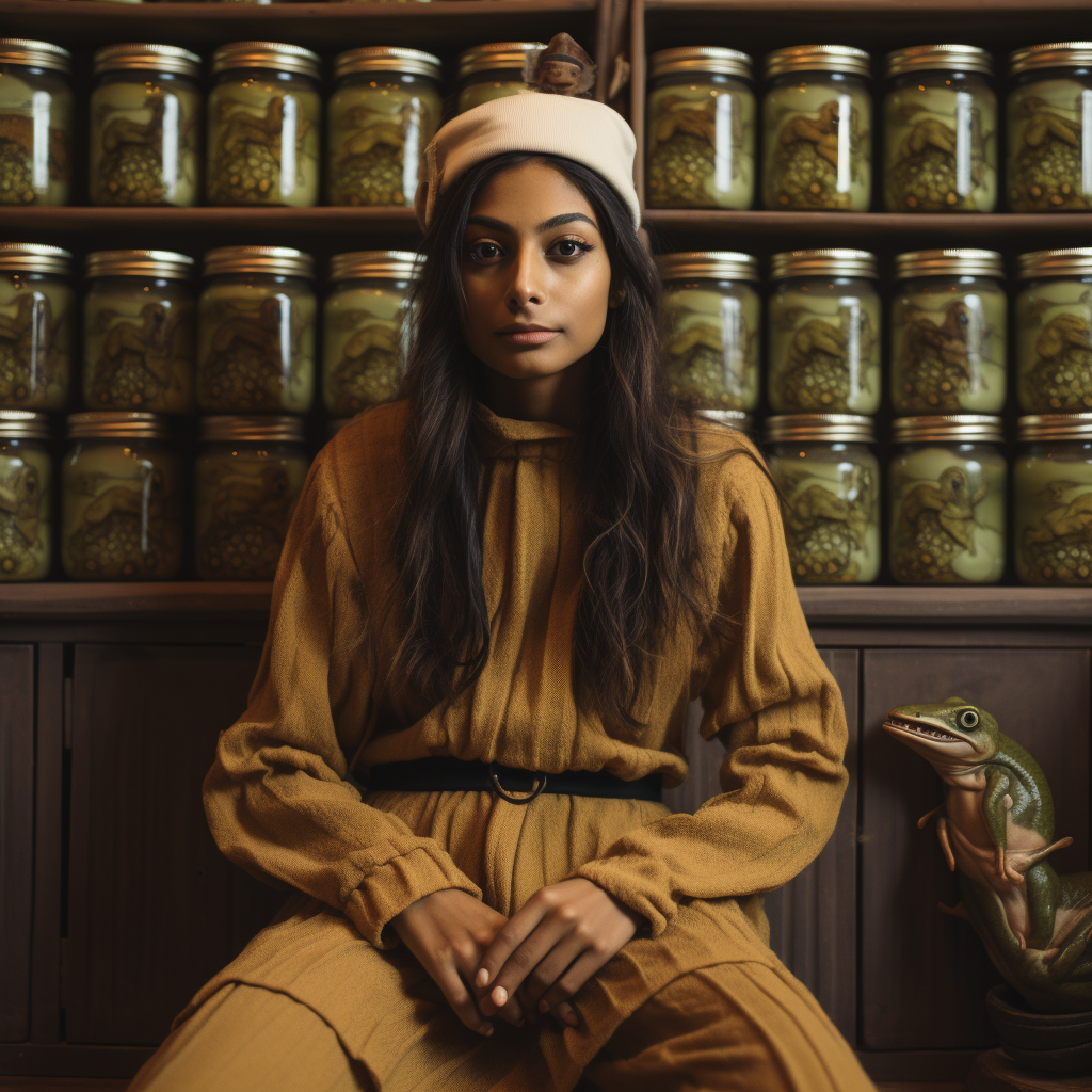 Fashionable Indian woman in Frog and Toad-inspired streetwear