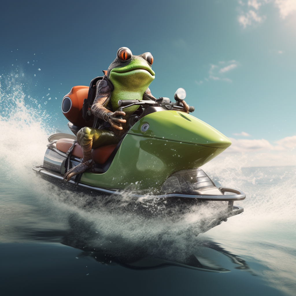 Adventurous frog riding a jet ski