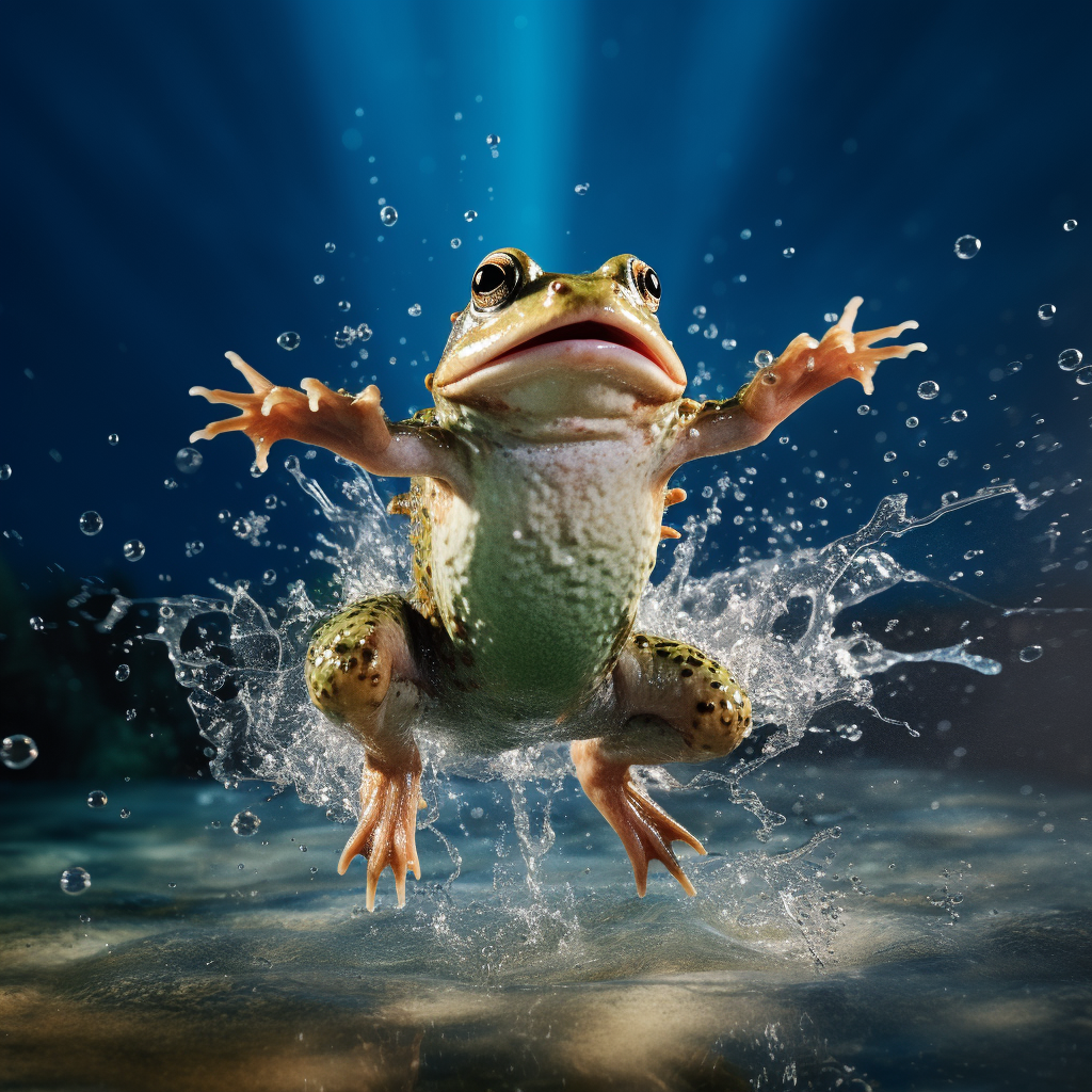 Frog jumping out water