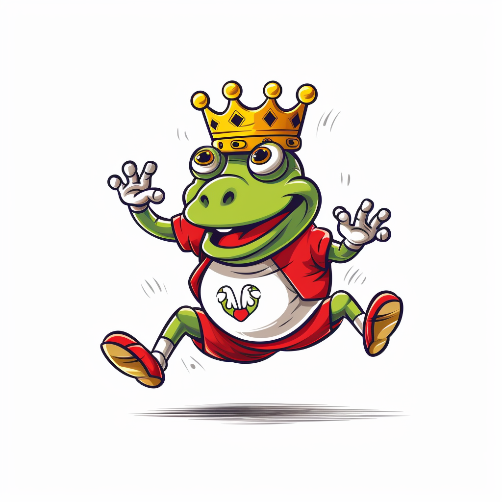 Frog running with a crown and red sneakers