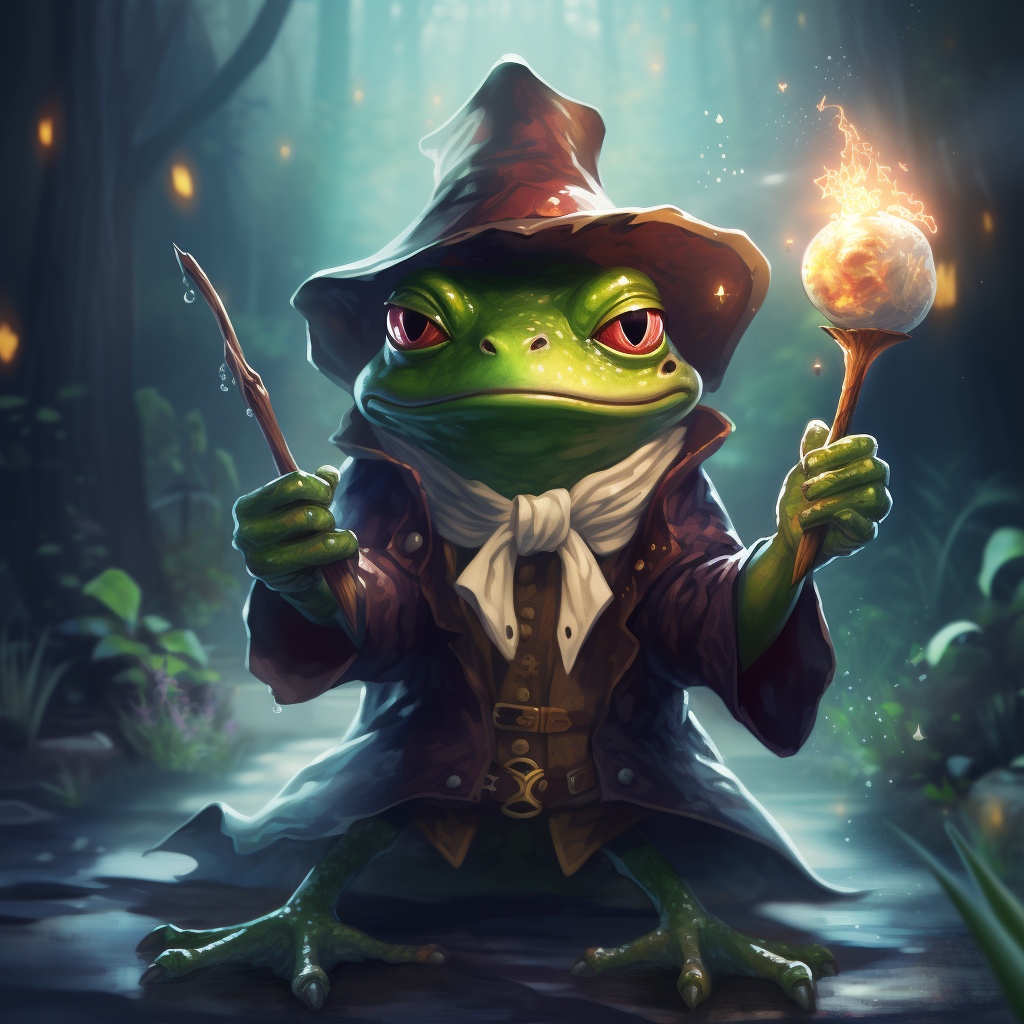 Cartoon Frog Warlock studying with magical background