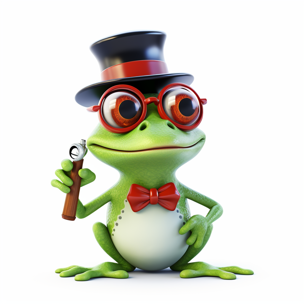 Cartoon frog with whistle, hat, and eyeglass