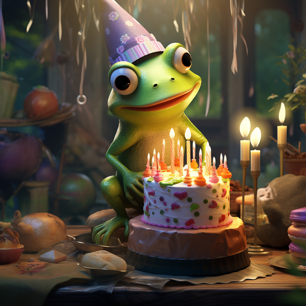 Frog wearing birthday hat and cake