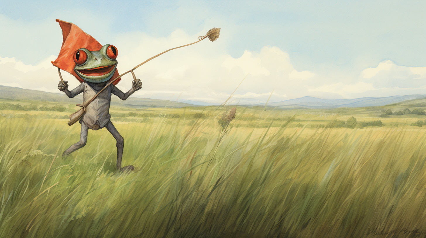 Illustration of a frog holding a red kite in a grassy field