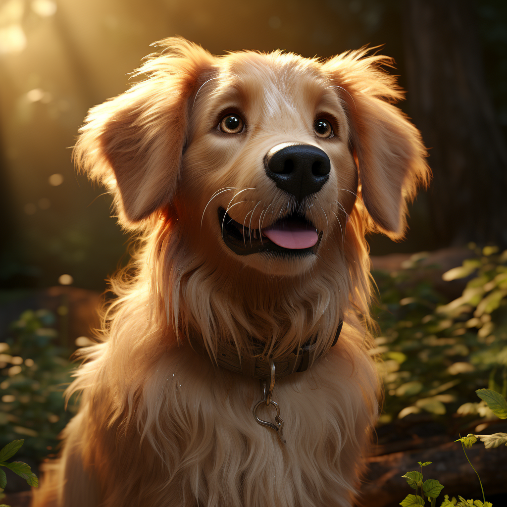 Cute froggy golden retriever dog in the forest