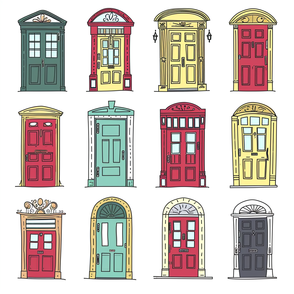 Cartoon front doors in quarter view