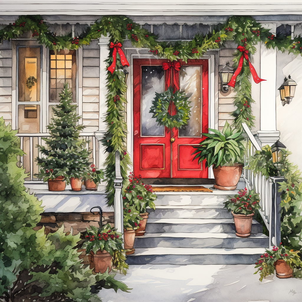 Christmas-themed front porch garden