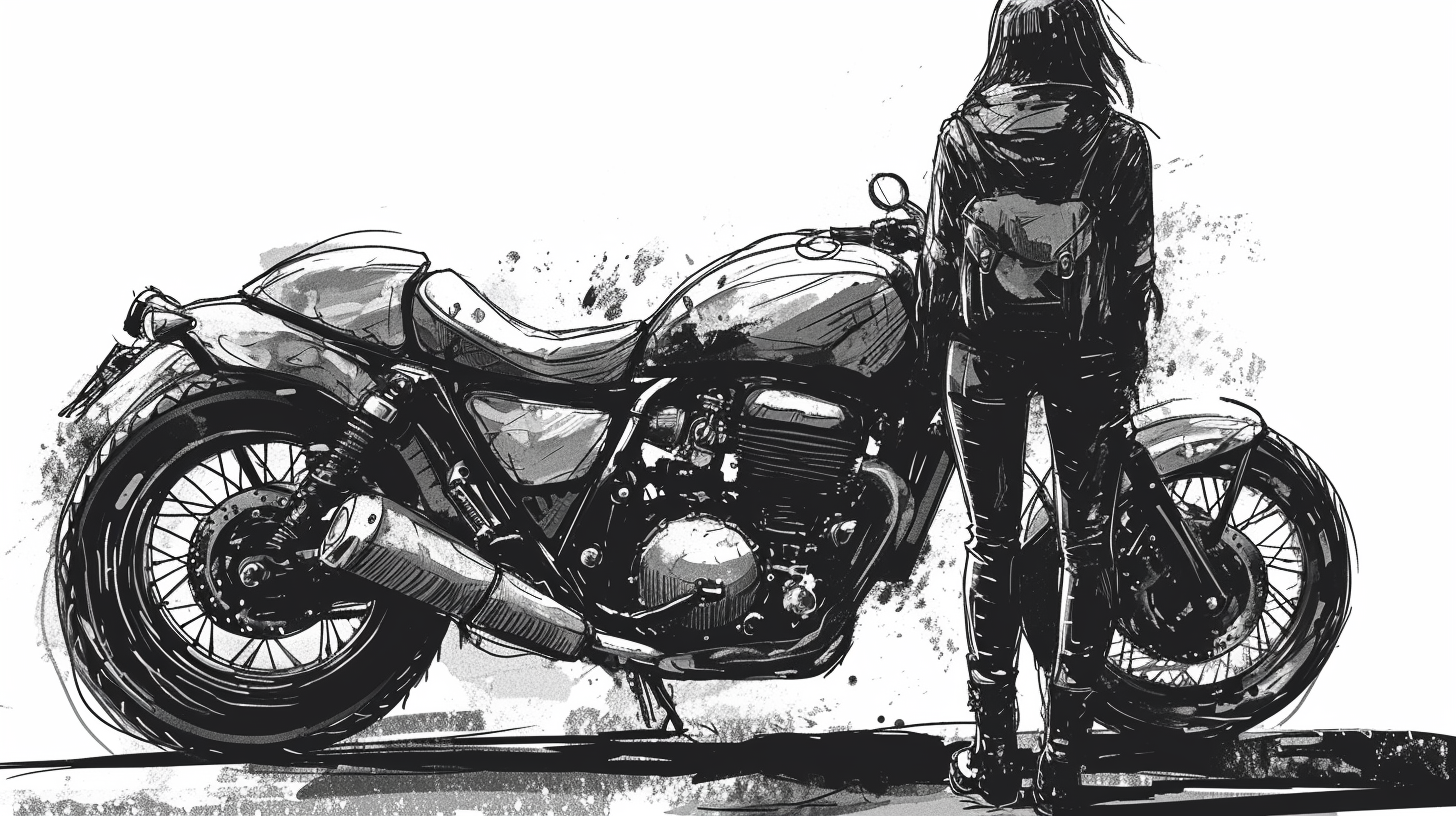 Motorcycle line drawing with person standing