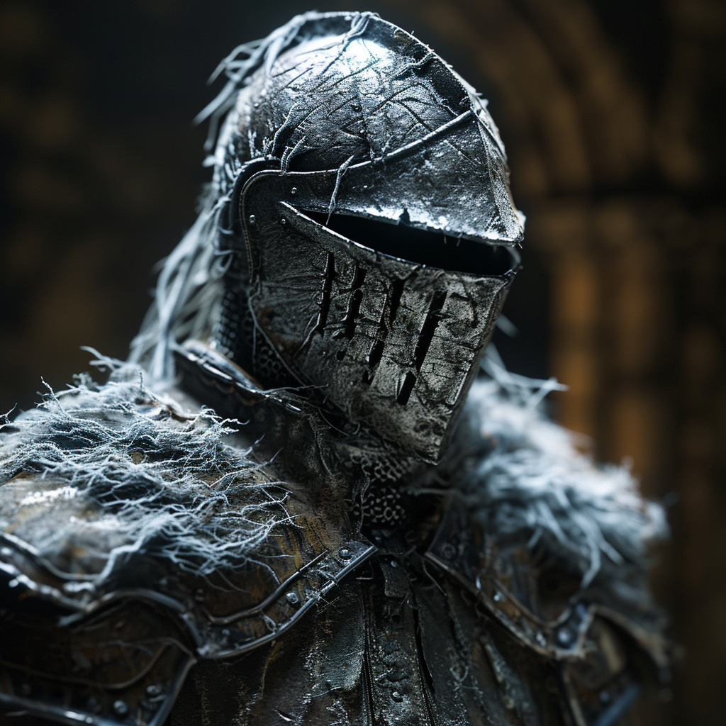 Close up portrait of frost covered knight armor with energy