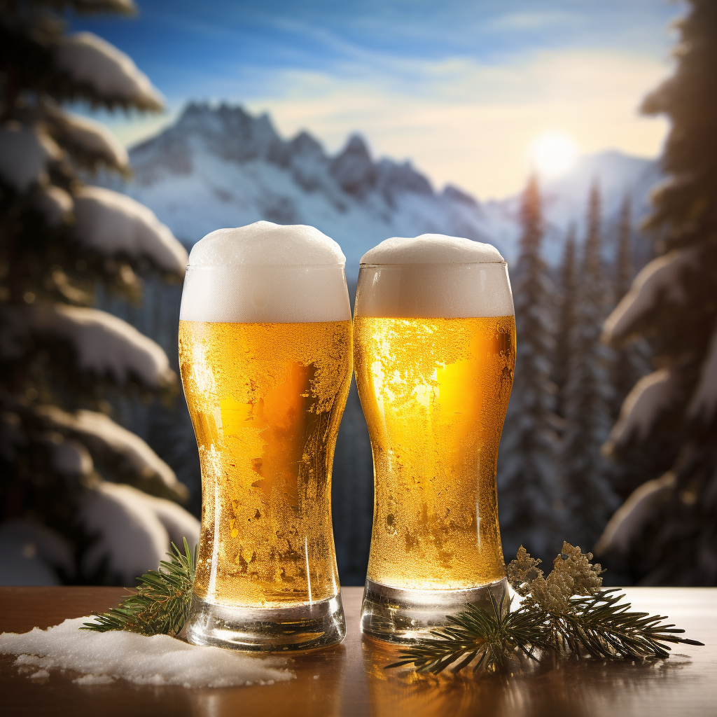 Frosted beer glass in winter mountain scenery