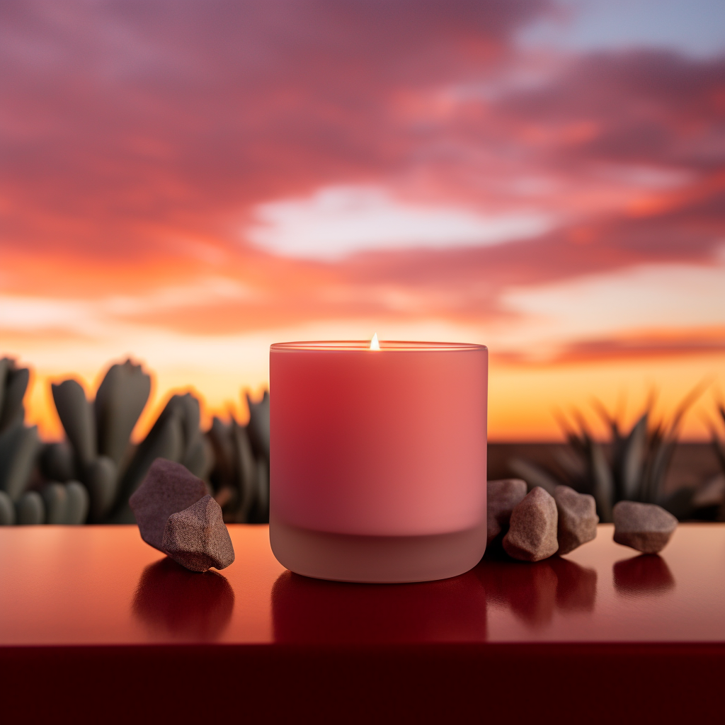 Frosted glass candle on pink sunset sky