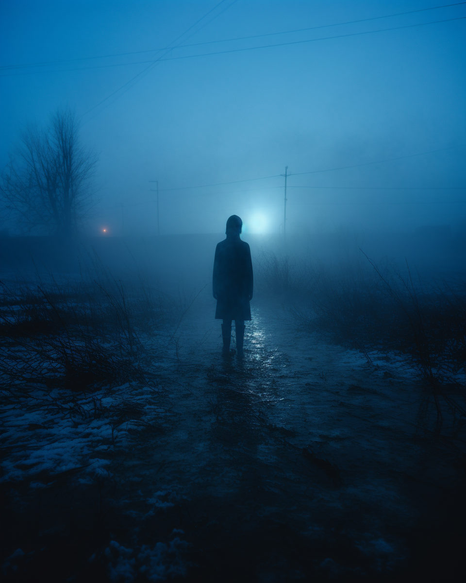 Moody figurative blue glow in frosty fog