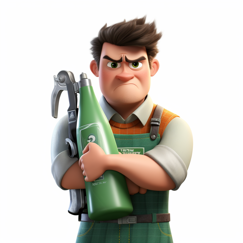 Pixar-style frowning green thermos character with chainsaw