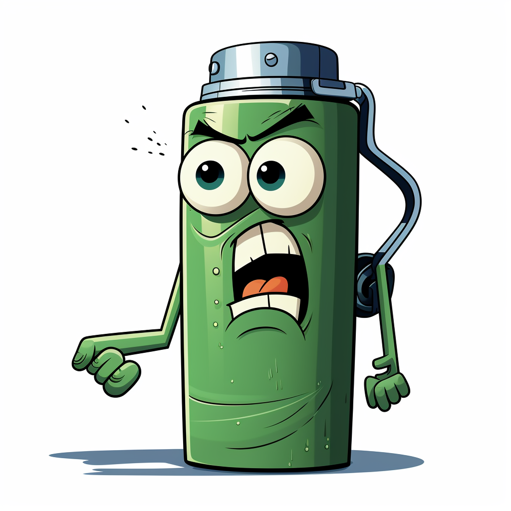 Cartoon of a frowning male thermos with chainsaw