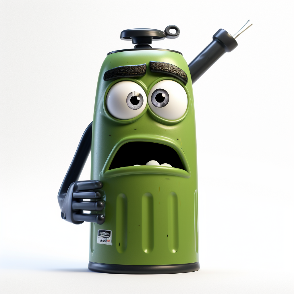 Frowning male head with green Stanley thermos and chainsaw