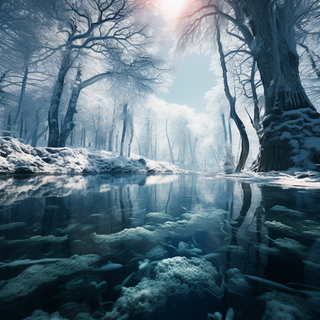 View of Frozen Lake Amongst Snowy Forest