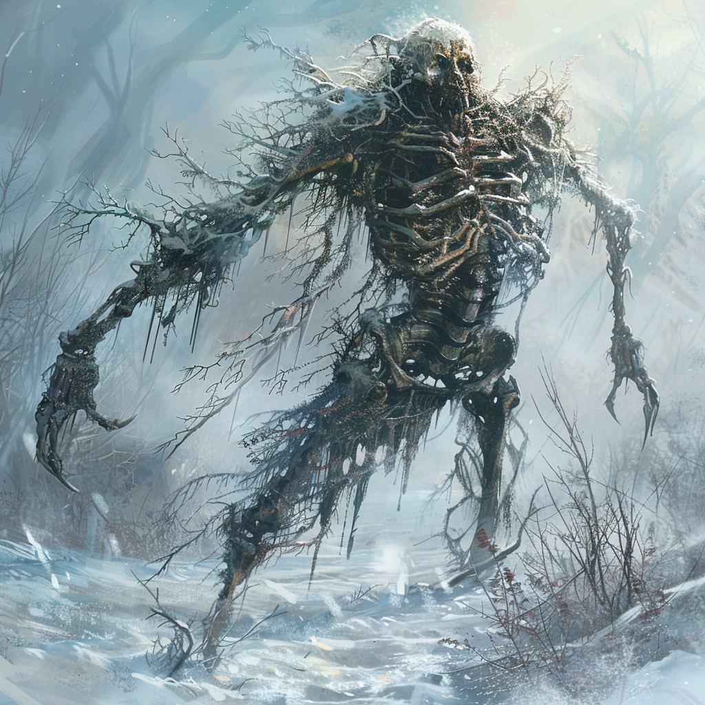 Frozen undead creature in wintry landscape