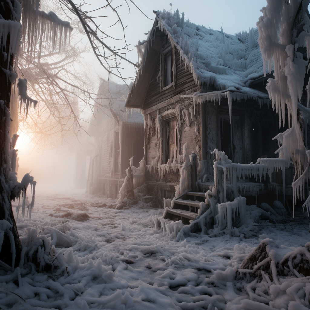 Snow-covered abandoned house with ghostly apparitions