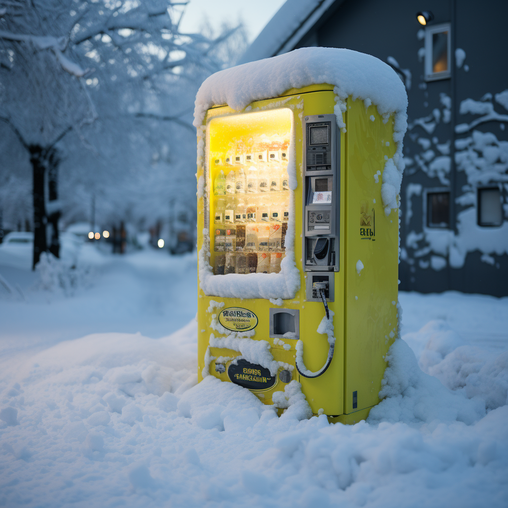 Frozen yellow vending machine with delicious treats