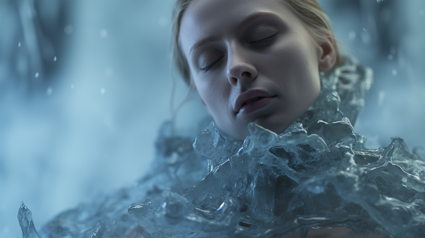 Frozen body crystalizing in cinematic photo