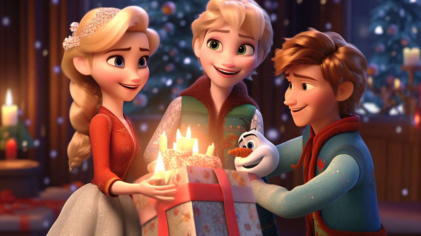 Elsa, Anna, Olaf, and Kristoff in Santa outfits around gift boxes  ?